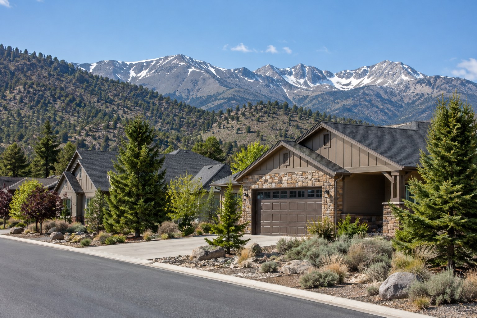 A quiet Carson City street with mountain foothills, illustrative