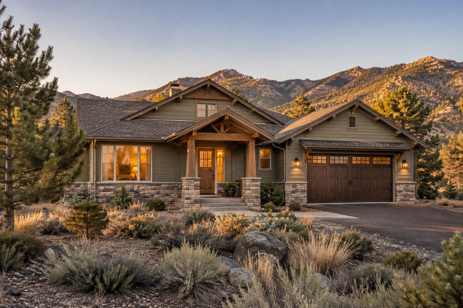 A Northern Nevada home with the Sierra Nevada foothills behind it in warm evening light, illustrative