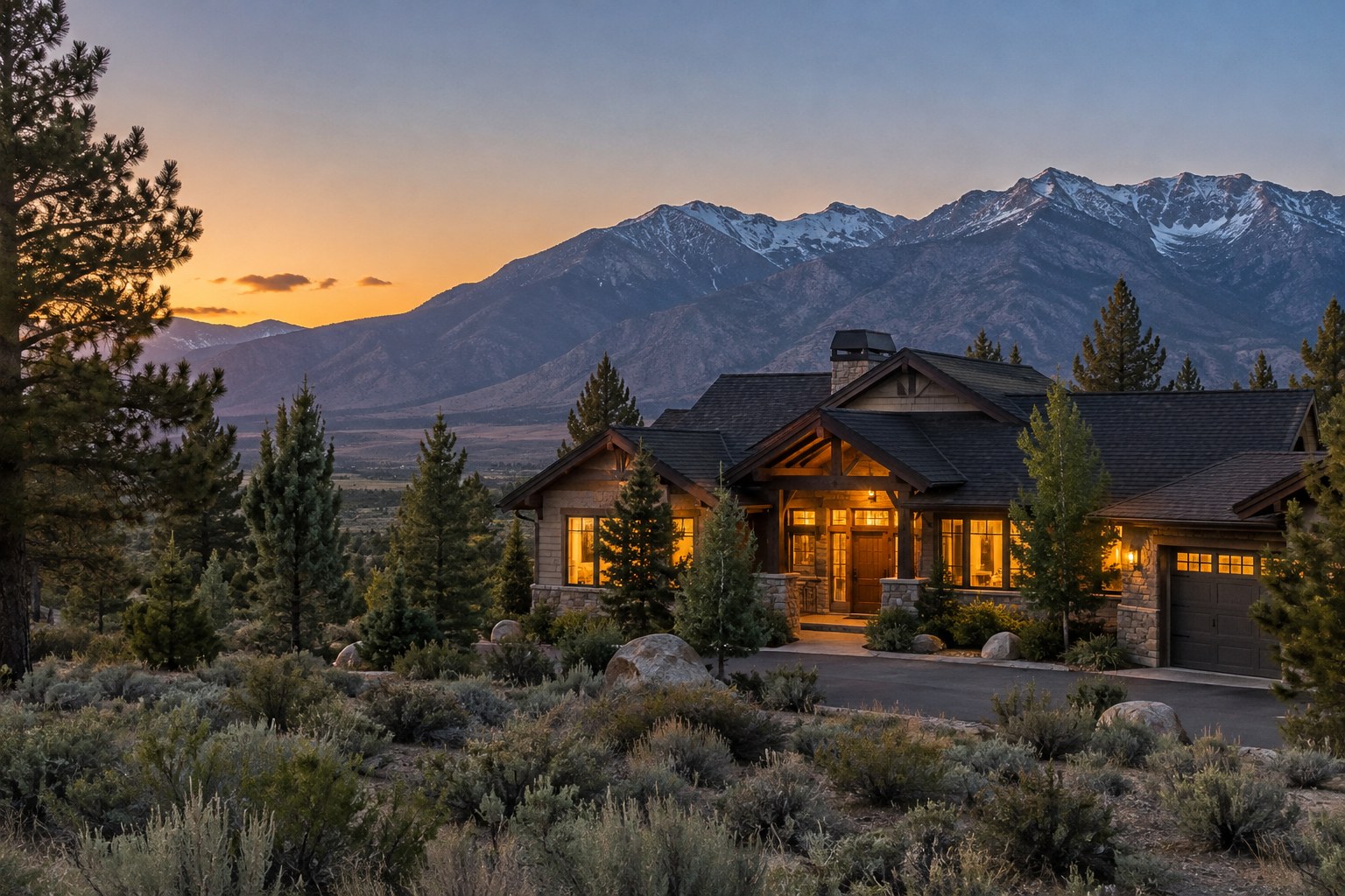 A Northern Nevada home at dusk, illustrative